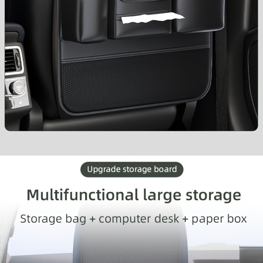 Seatback Car Organizer with Fold-Down Tray, Cup Recesses, Tissue Opening and One- or Two-Piece Packs