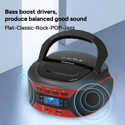 Bluetooth CD Player Boombox with FM Radio, Portable CD Boombox with AUX USB Playback, Earphone Jack