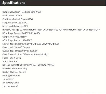 Red 2000W-Labeled Car Power Inverter with 12V Battery Clamp Leads, 110V AC Outlets and Cooling Fan