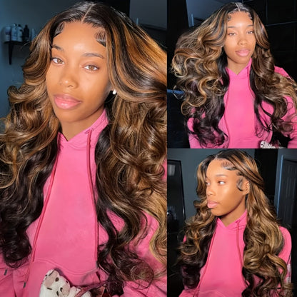 200% Density Lace Front Wig Human Hair Brown Highlights Long Wavy Pre-Plucked Glueless Heat, for Home, Travel and Salon Hair Styling
