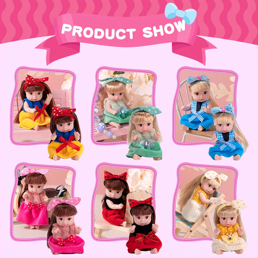 Mini Fashion Dolls Set of 6, 4-Inch Poseable Collectible Dolls with Glitter Eyes, Stylish Hair & Cute Outfits
