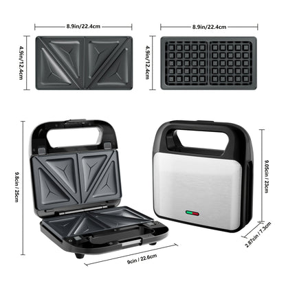Sandwich Maker 3-in-1 Panini Press & Waffle Iron 750W with Removable Non-Stick Plates, Compact for Dorm