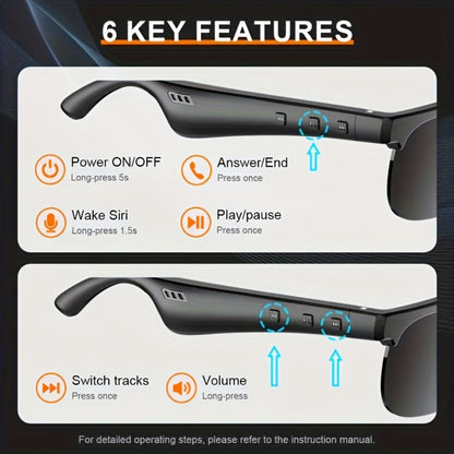 Smart Glasses Open-Ear Bluetooth Audio Eyewear with Built-In Speaker, Microphone and Black or White Frames