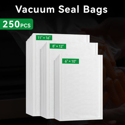 Vacuum Sealer Bags 250pcs - Food Storage Bags in 3 Sizes (6"x10", 8"x12", 11"x16") for Entryways, Bedrooms and Living Spaces