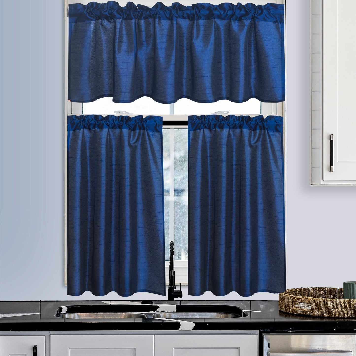 Three-Piece Faux Silk Window Curtain Set with Rod-Pocket Valance, Two 26 x 36-Inch Tiers and Eleven Colors