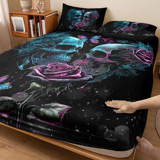 Gothic Skull Rose Fitted Sheet Set 3-Piece Halloween Bedding, HD Print Skull Flower Deep Pocket Fitted Sheet with 2 Pillowcases