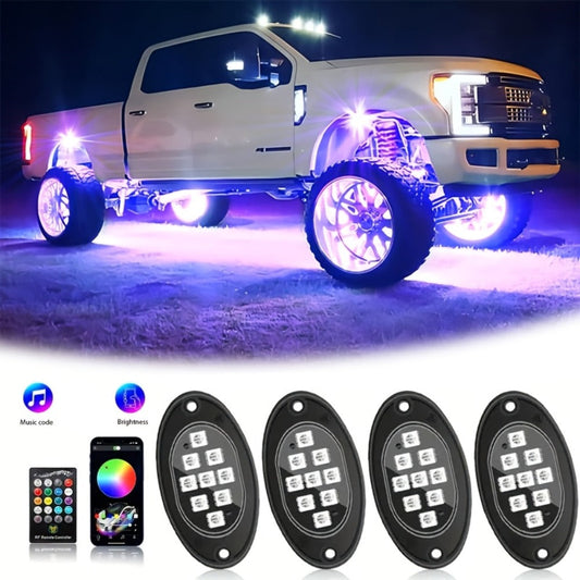 RGB Rock Lights Kit for Trucks & Cars, Sound-Activated LED Underbody Lights with APP & Remote Dual Control