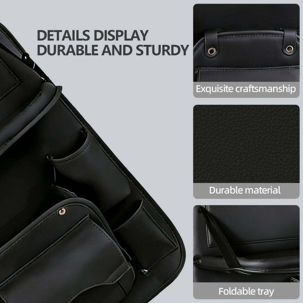 One-Piece Seatback Car Organizer with Fold-Down Tray, Cup Recesses, Mesh Pockets and Four Colors
