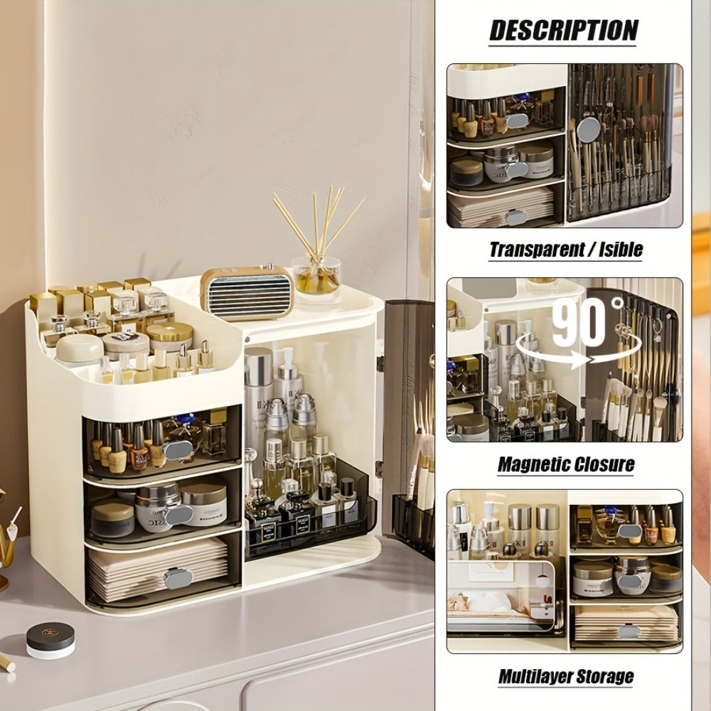 Makeup Organizer with 3 Drawers and Mirror – Large Capacity Cosmetic Storage Box Vanity Organizer for Skincare Contact Lens Display Case
