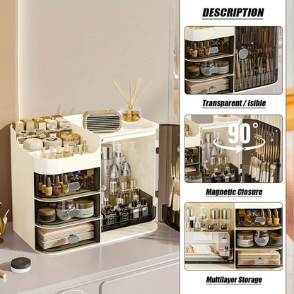 Makeup Organizer with 3 Drawers and Mirror – Large Capacity Cosmetic Storage Box Vanity Organizer for Skincare Contact Lens Display Case
