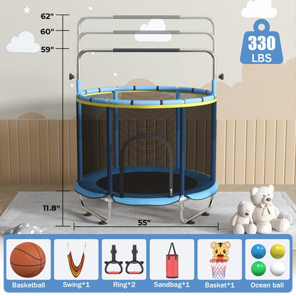 60 Inch Trampoline with Enclosure and Gymnastics Bar, Height Adjustable Indoor Outdoor Round Trampoline with Toys for Kids