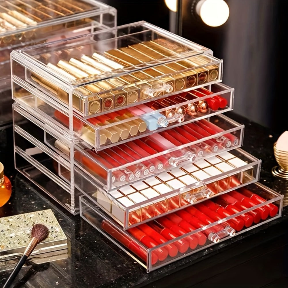 Clear Acrylic Makeup Organizer 5-Tier with Drawers Dustproof Cosmetic Storage for Lipstick Foundation Brushes Skincare