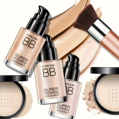 BB Cream Makeup Kit with Loose Setting Powder Brush & Sponge – Full Coverage Waterproof Long-Lasting Hydrating Foundation Set for All Skin