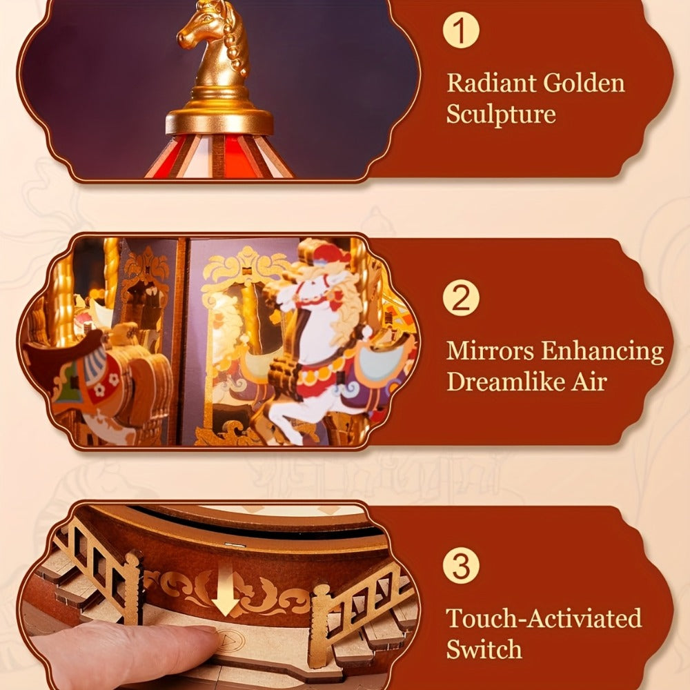 Rolife Carousel Music Box Kit, DIY 3D Wooden Puzzle Architectural Craft Model, Spinning Carousel with Music