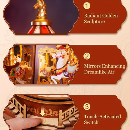 Rolife Carousel Music Box Kit, DIY 3D Wooden Puzzle Architectural Craft Model, Spinning Carousel with Music
