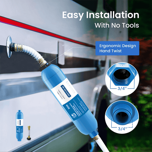 RV Water Filter with Flexible Hose Protector – Inline Hose Filter, Reduces Chlorine, Odors & Sediment, BPA-Free, for RV, Camper, Boat