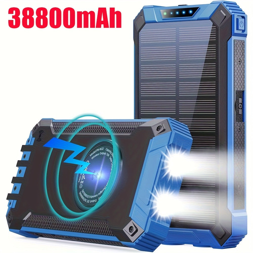 Solar Power Bank, 32800mAh or 38800mAh Wireless Charger with Up to Six Outputs, Dual Lights and Cable Options