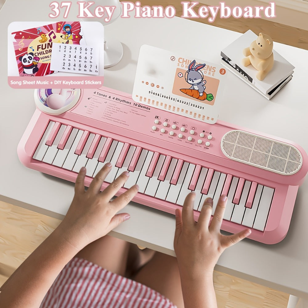Kids Electronic Keyboard Piano Toy 37-Key White, Multi-Function Beginner Musical Instrument with Microphone