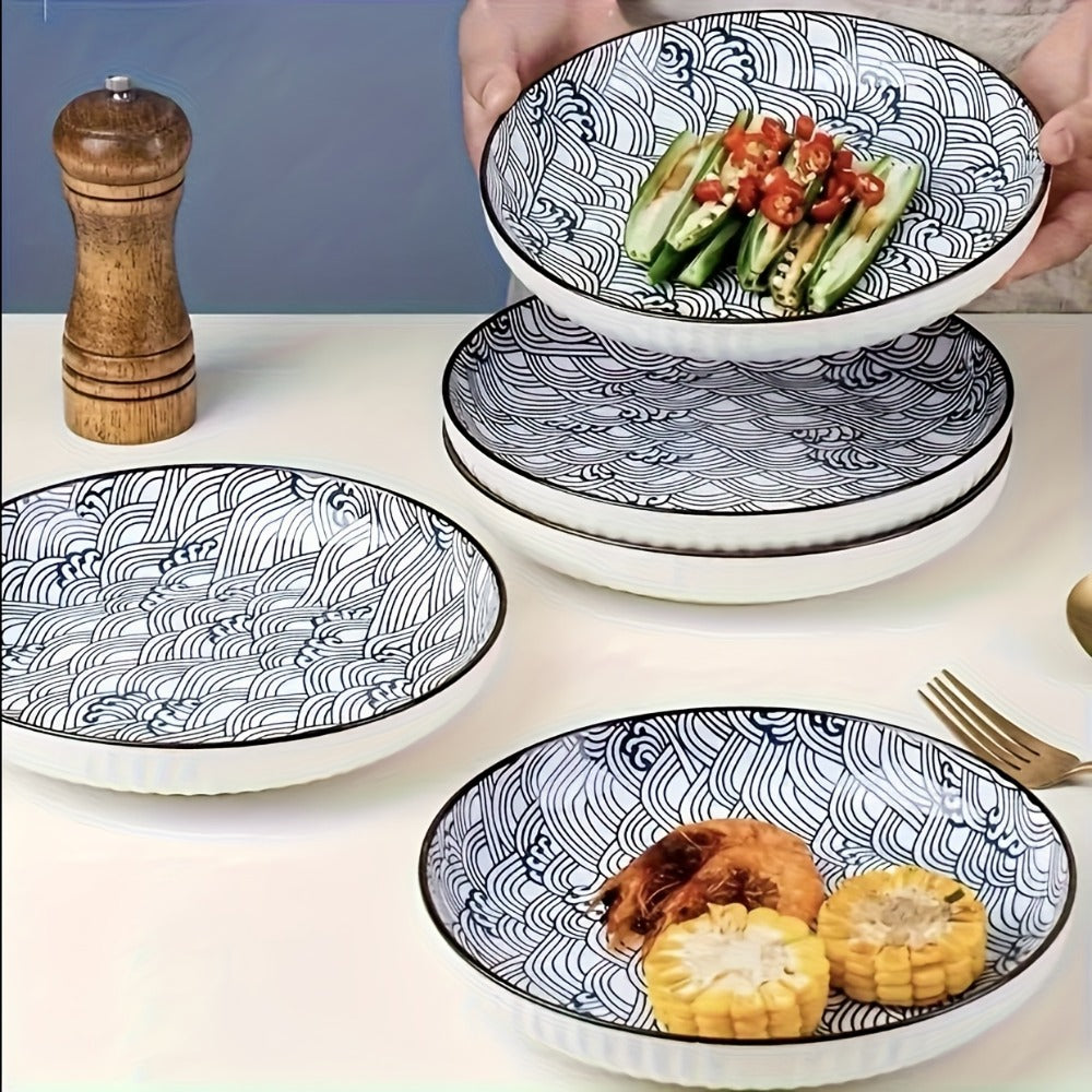 Japanese Ceramic Plates Set of 4, Floral Yamada Pattern Dinnerware, 7-Inch Round Serving Plates with Edge