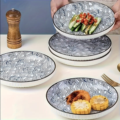 Japanese Ceramic Plates Set of 4, Floral Yamada Pattern Dinnerware, 7-Inch Round Serving Plates with Edge
