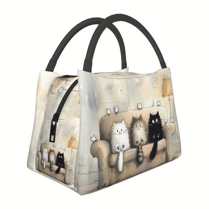 Cat Print Lunch Bag Tote, 11 x 6.3 x 6.7 Inches with Top Zipper, Dual Carry Handles and Tapered Profile