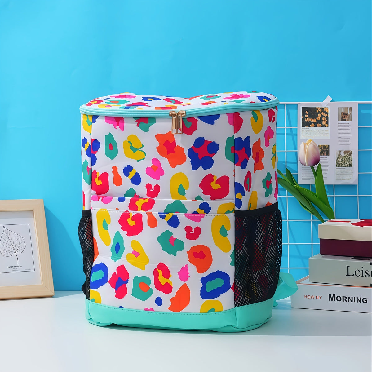Insulated Cooler Backpack 30-Can Capacity, Leopard Print Portable Lunch Bag with Mesh Side Pockets & Adjustable Straps