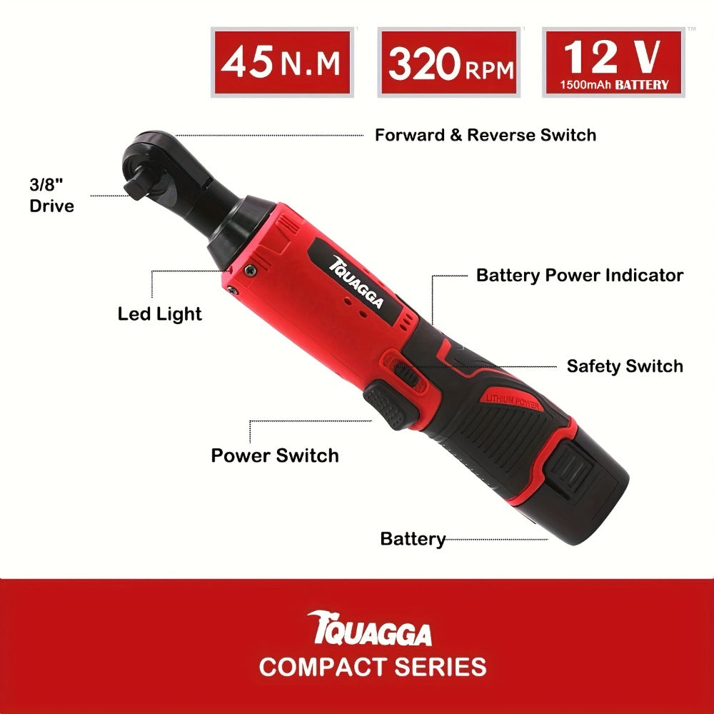 Cordless Electric Wrench QUAGGA 12V - 45Nm High Torque 3/8" Rechargeable Ratchet Wrench with Battery & Charger for Automotive