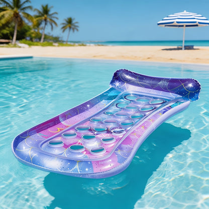 Rectangular Inflatable Pool Bed with Raised Pillow, Round Vent Holes and Rainbow or Mermaid Designs