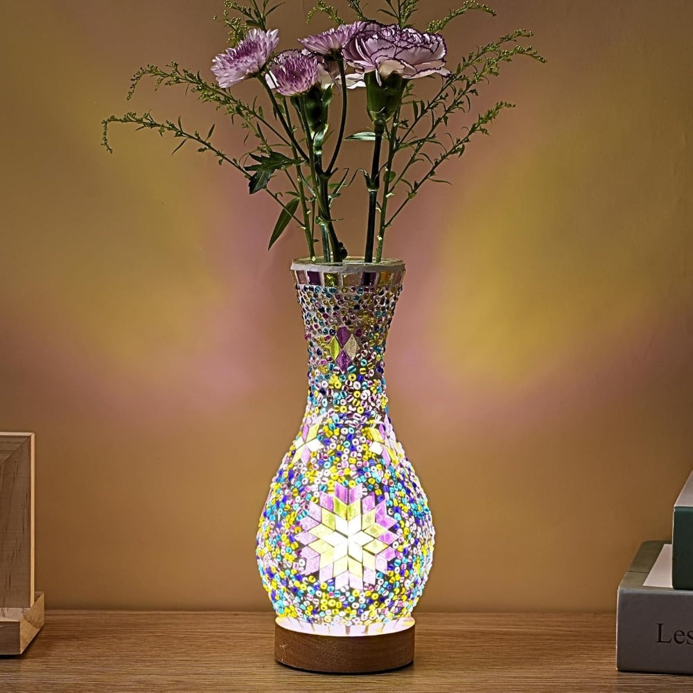 Mosaic Vase Lamp Turkish Moroccan Handmade Colorful Glass Table Lamp with Wooden Base, USB Plug-In Boho Night Light