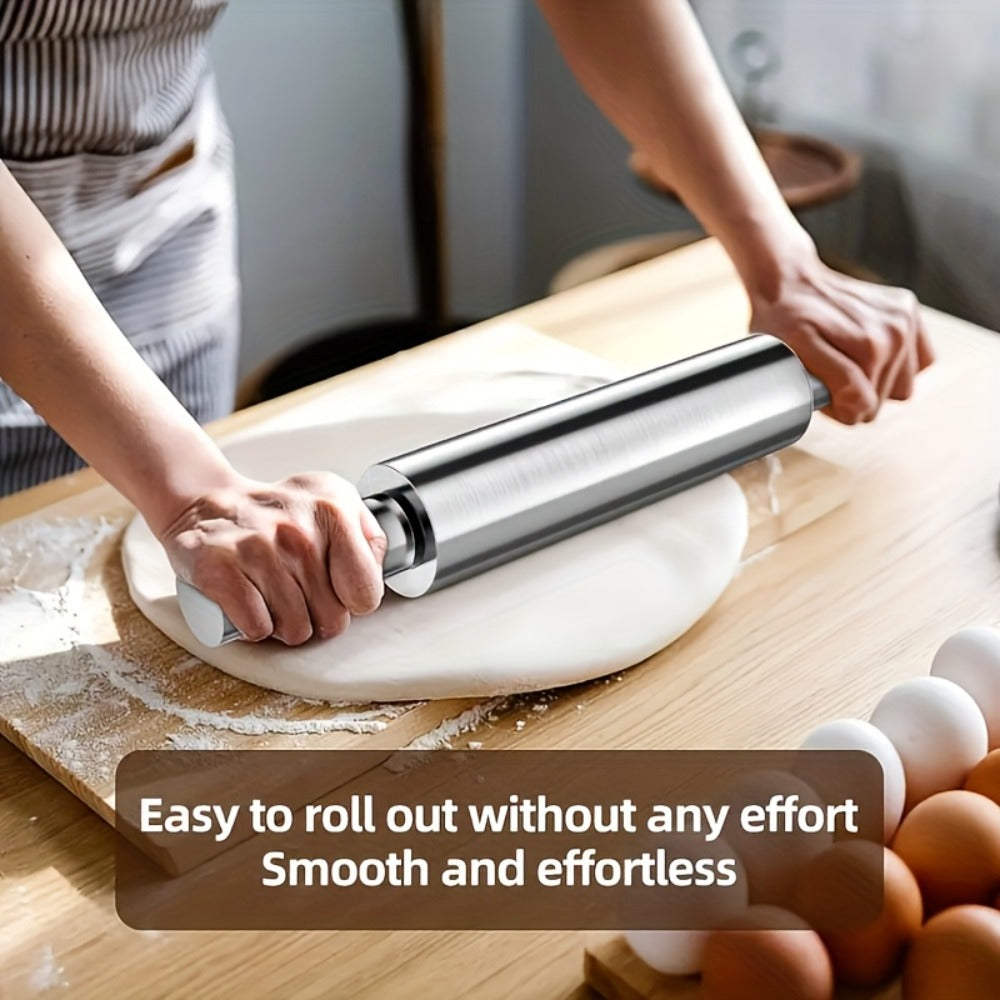Stainless Steel Rolling Pin, Professional Non-Stick Dough Roller with Non-Slip Grip and Rounded Ends, Easy to Clean Baking Rolling Pin