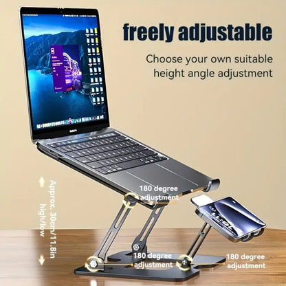 2-in-1 Laptop and Phone Stand with Adjustable Foldable Metal Frame in Silver or Black for Desk Use