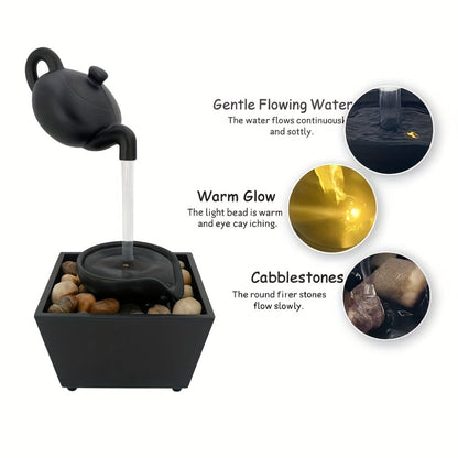 Tabletop Water Fountain with LED Light Zen Teapot Indoor Relaxation Fountain Black Resin for Entryways, Bedrooms and Living Spaces