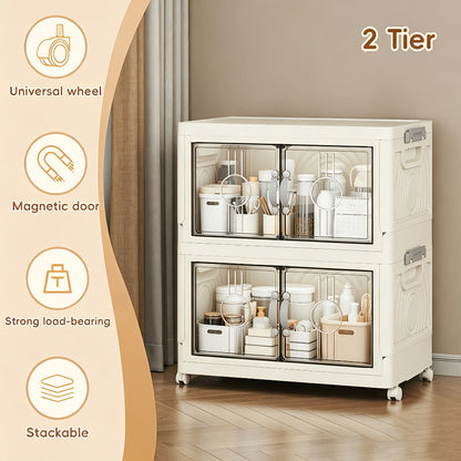 Collapsible Storage Bin with Lid, Foldable Storage Cabinet 2/3/4/5 Layer 48QT Plastic Organizer, Freestanding Storage Rack for Home
