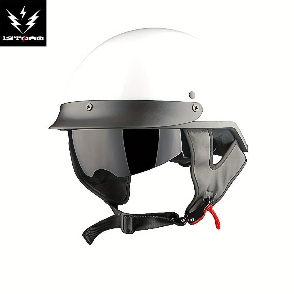 Motorcycle Helmet 1STORM Half-Shell with Retractable Smoked Visor, Five Graphic Styles, S-XL Sizes and Quick-Release Strap
