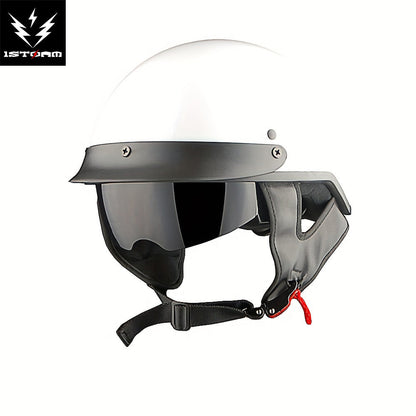 Motorcycle Helmet 1STORM Half-Shell with Retractable Smoked Visor, Five Graphic Styles, S-XL Sizes and Quick-Release Strap