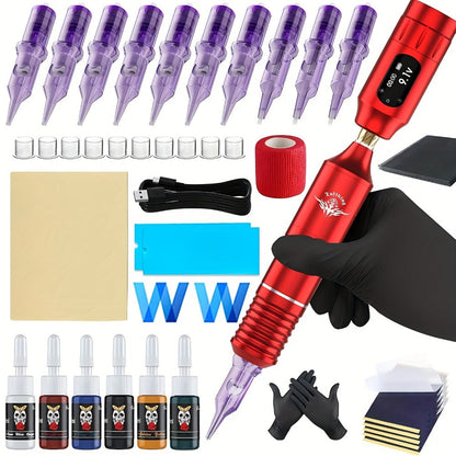 Rotary Tattoo Machine Kit 67pcs, Complete Wireless Tattoo Pen Set with Cartridge Needles, Power Supply