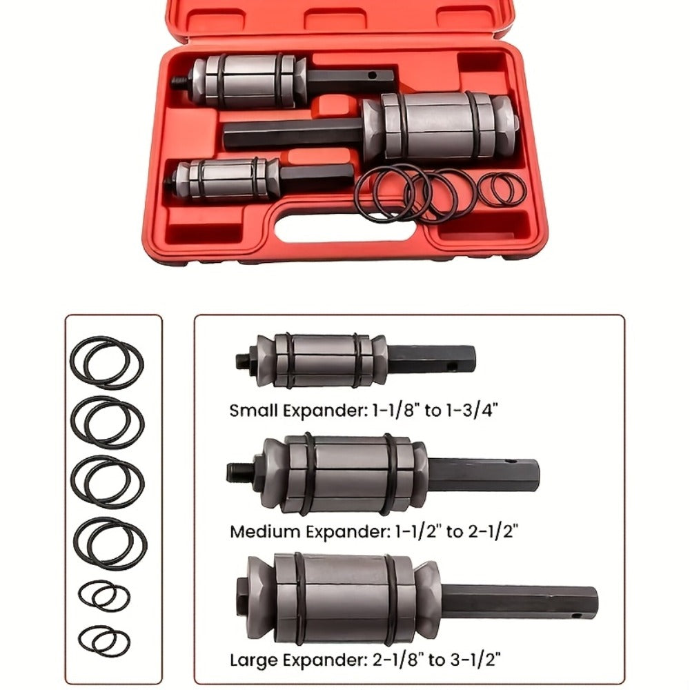 Pipe Expander Spreader Tool Set 3-Piece with 12 O-Rings – 1-1/8" to 3-1/2" Exhaust Muffler Silencer Repair Drop Forged Heat-Treated Steel