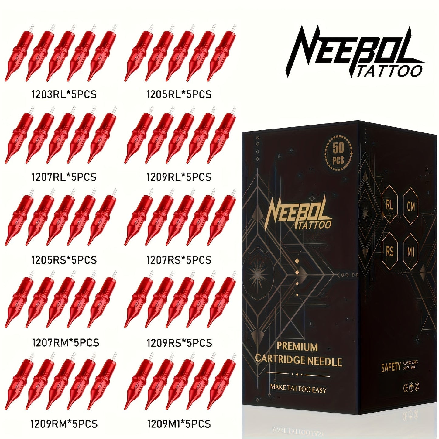 Assorted Tattoo Cartridge Needles Set 20/50pcs - Round Liner Shader Curved Mag Mixed Pack, #10 Bugpin #12 Standard