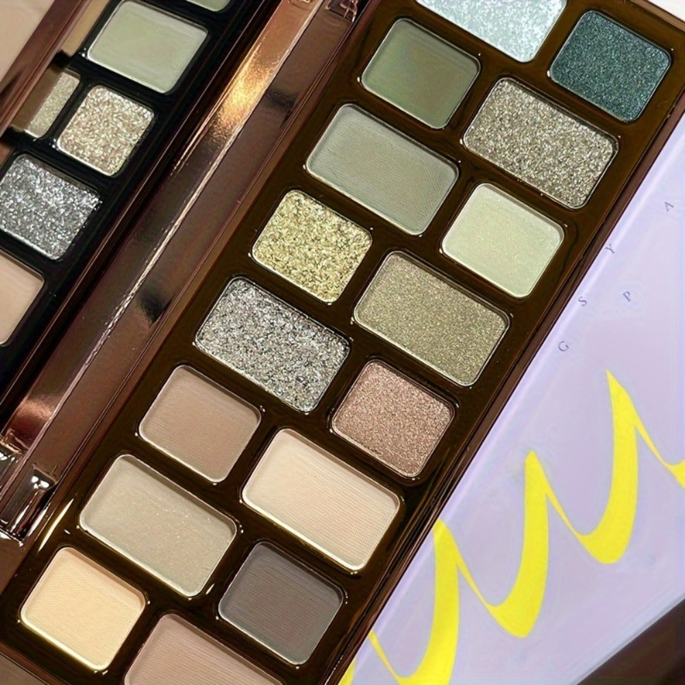 Eyeshadow Palette 16-Shade Brown and Green Compact with Matte, Shimmer and Glitter Finish Mix