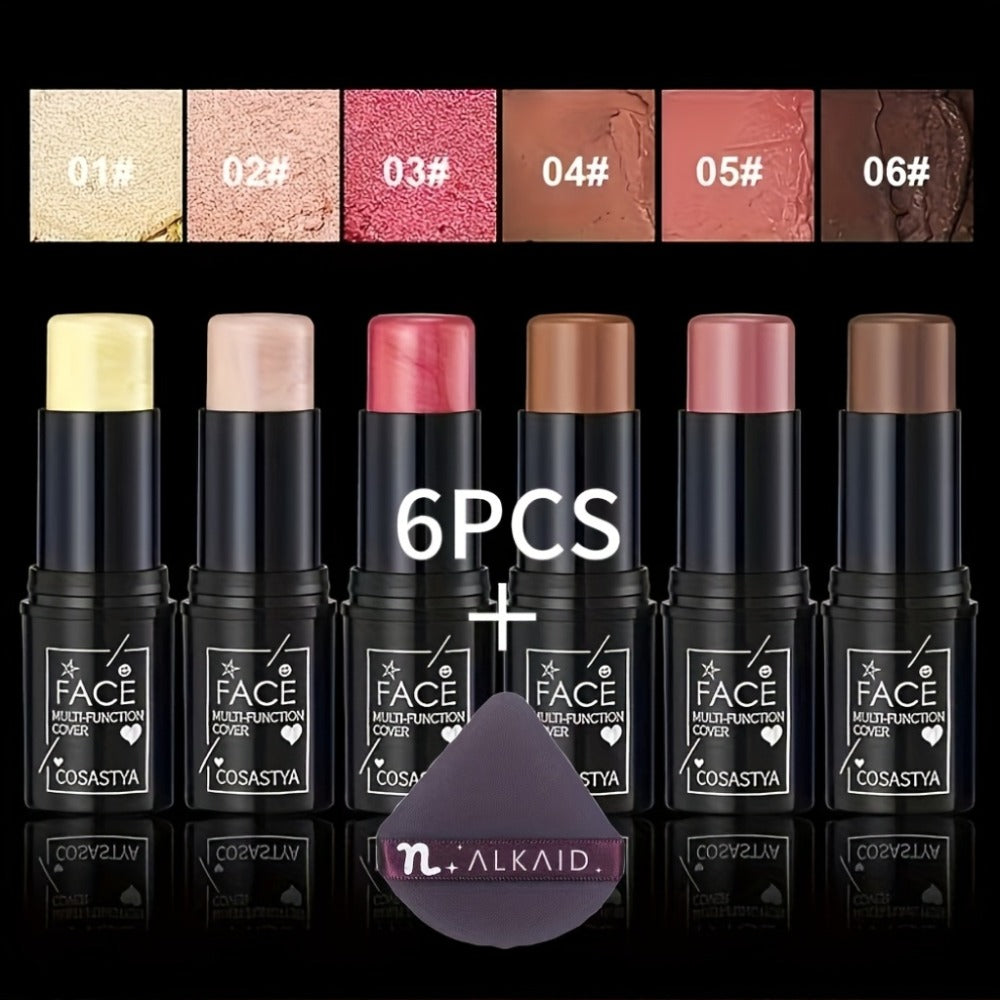 Blush Stick Makeup Set 6 Piece, 3-in-1 Waterproof Blush Eyeshadow Touch-Up Sticks, All-Day Glossy Shimmer