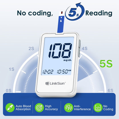 Blood Glucose Monitor Kit with 100 Test Strips & Lancets, Linksun Diabetes Testing Set, Large Display 448 Memory No Coding Glucometer