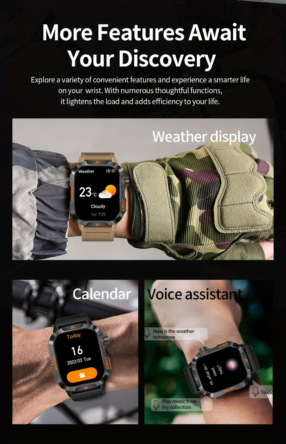 Smart Watch 2.01-Inch Rugged Display with Compass, LED Flashlight, Calling and Three Strap Combinations