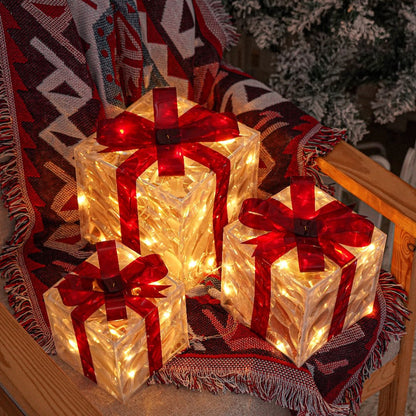 Three Warm-White Light-Up Christmas Gift Boxes with Red Bows, USB Lead and Battery Case Pictured