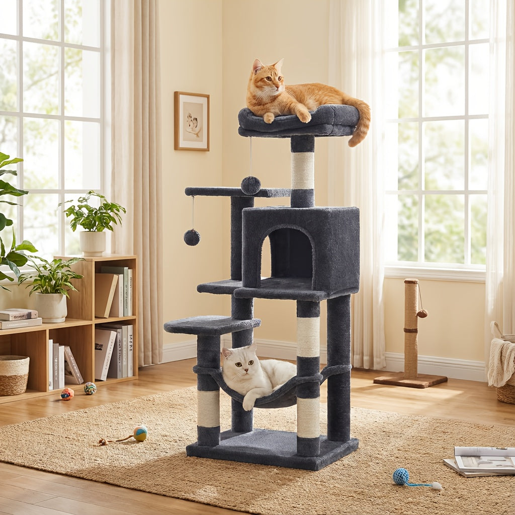 Cat Tree Tower Multi-Level Condo – 44in & 66in with Cozy Cave, Plush Hammock, 4 Sisal Scratching Posts & 2 Perches | Anti-Tilt Stable Cat