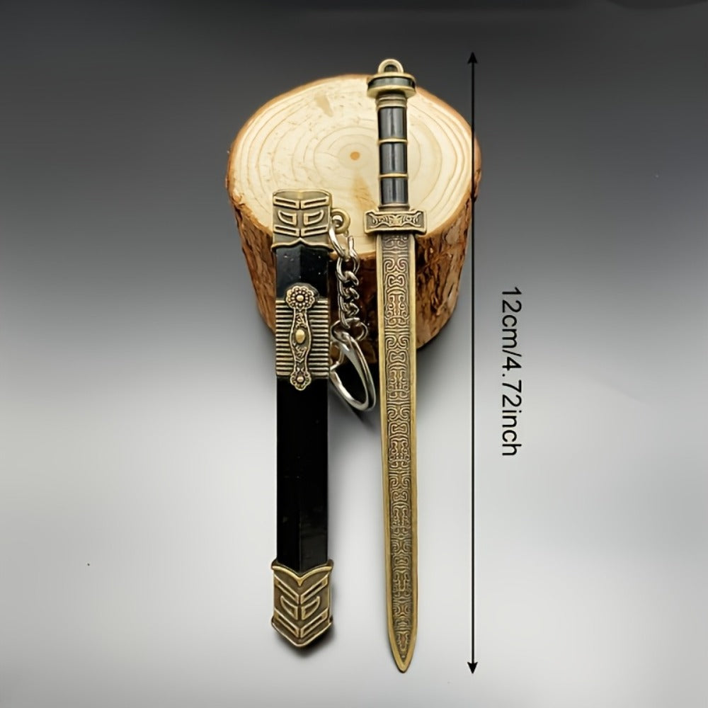 Seven-Piece Miniature Metal Sword Replica Set with Sheaths, Keychains and Ancient-Inspired Display Designs