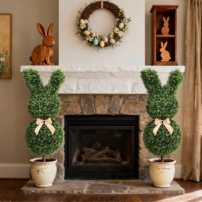Artificial Boxwood Bunny Topiary 2-Pack, 3Ft Faux Rabbit Garden Statue with Bow, Indoor Outdoor Easter Spring Porch Decor