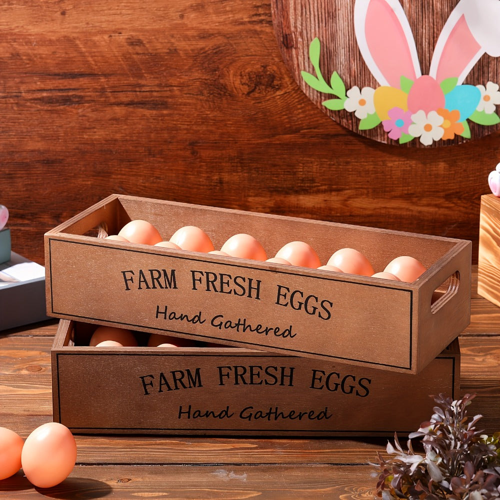 Farmhouse Wooden Egg Holder Rack 2pcs – 24 Egg Storage Display with Handle for Kitchen, Farm, Easter