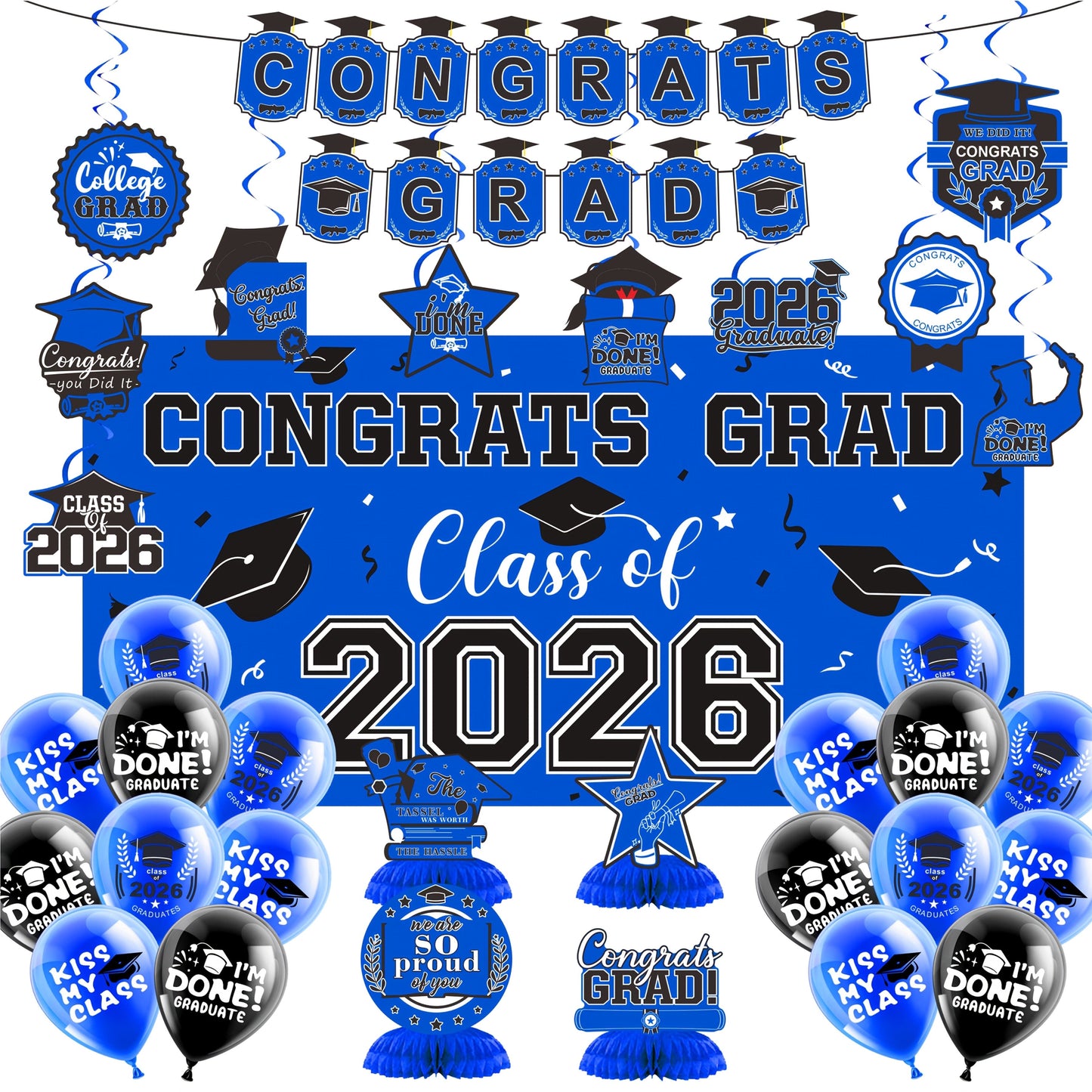 Class of 2026 Graduation Decoration Set with Letter Banner, Hanging Pieces and Six Color Options