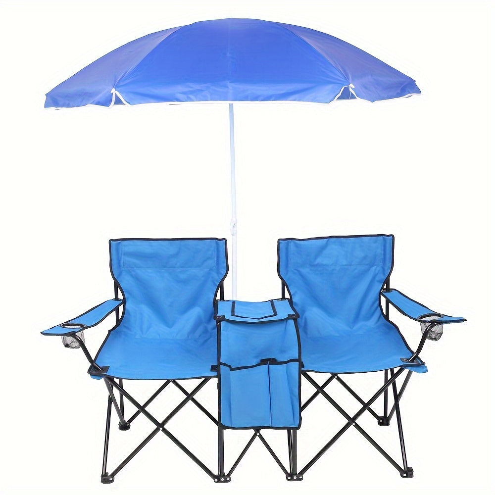 Portable Folding Chair with Removable Sun Umbrella – 2-Seat Outdoor Foldable Chair, Steel Frame Oxford Fabric