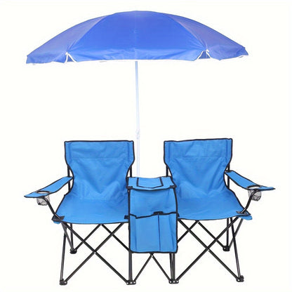Portable Folding Chair with Removable Sun Umbrella – 2-Seat Outdoor Foldable Chair, Steel Frame Oxford Fabric